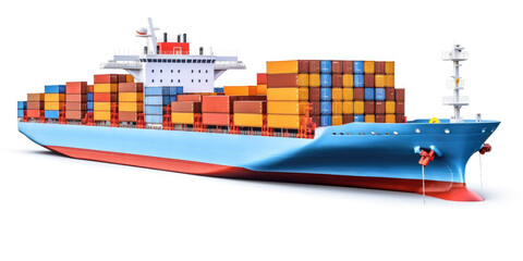 A large blue and red cargo ship on a white background