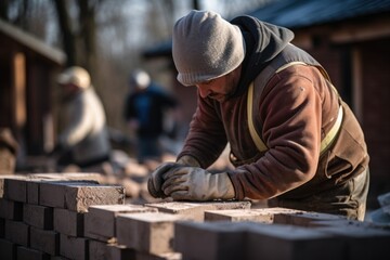 Construction and brickwork workshop, masonry with bricks, cement and mortar to build a new house in winter
