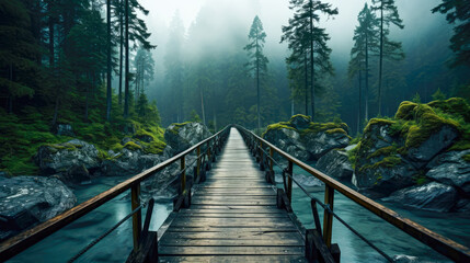 Wooden bridge on a mountain river in the misty morning. - Powered by Adobe
