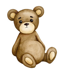 Cute baby bear. Children's watercolor illustration. Baby shower, birthday, children's party. Design element for invitations, packaging, greeting cards, logos, labels, etc.
