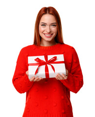 Young woman in red sweater with gift box on white background. Christmas celebration