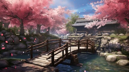 A charming wooden bridge spanning over a babbling brook surrounded by cherry blossoms.