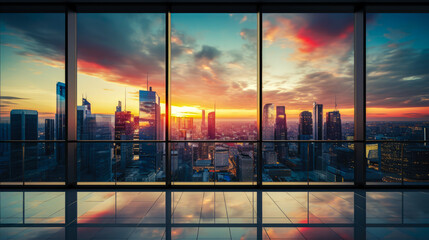 Panoramic view of modern skyscrapers with reflection in windows