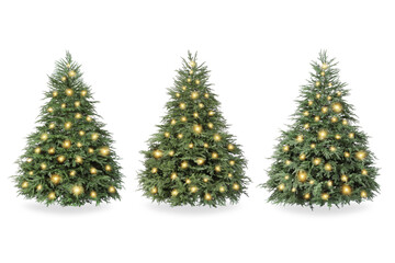 Christmas trees decorated with festive lights isolated on white, set