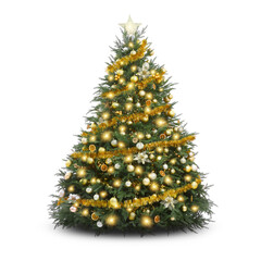Christmas tree decorated with ornaments and festive lights isolated on white