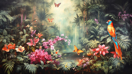 Tropical paradise, background with plants, flowers, birds, butterflies in vintage painting style - obrazy, fototapety, plakaty