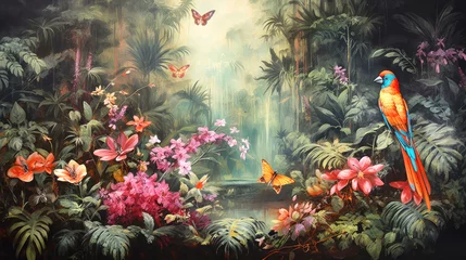 Rolgordijnen Tropical paradise, background with plants, flowers, birds, butterflies in vintage painting style © Viktoriia Protsak