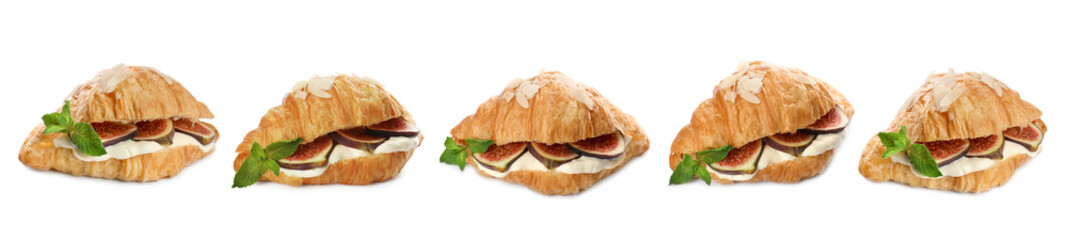 Delicious croissant with sliced figs and cream cheese isolated on white, set