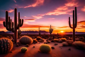 cactus at sunset - obrazy, fototapety, plakaty