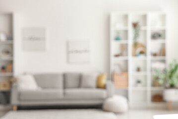 Blurred view of light living room with sofa and shelf units