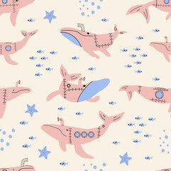 Submarine Whales. Vector colored childish seamless pattern with whales in scandinavian style. Cute kids background