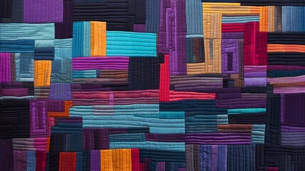 A mesmerizing tapestry of vibrant threads forming an abstract geometric design on a rich velvet background. - obrazy, fototapety, plakaty