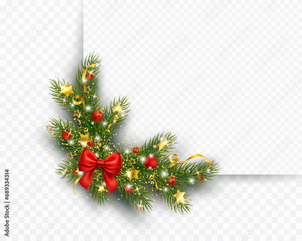 Wall mural Christmas tree corner border with green fir branches, red bow, berries and gold lights isolated on transparent background. Pine, xmas evergreen plants frame. Vector garland decoration