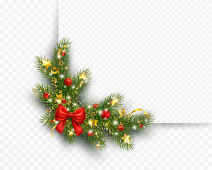 Christmas tree corner border with green fir branches, red bow, berries and gold lights isolated on transparent background. Pine, xmas evergreen plants frame. Vector garland decoration