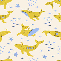 Submarine Whales. Vector colored childish seamless pattern with whales in scandinavian style. Cute kids background