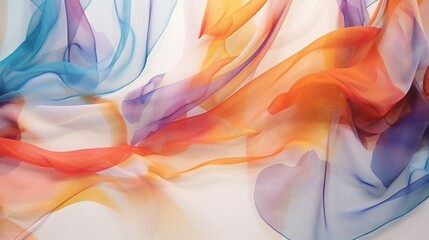A modern abstract print on a sheer chiffon fabric, creating a dynamic interplay of colors and transparency. - obrazy, fototapety, plakaty