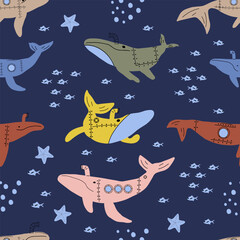 Submarine Whales. Vector colored childish seamless pattern with whales in scandinavian style. Cute kids background