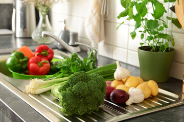 Fresh vegetables on metal sink with utensils and flowerpot in kitchen