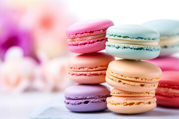Fototapeta premium Colorful macaroon cookies background. Sweet macaroons.