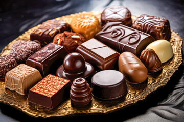 Assorted chocolates on a dark background.