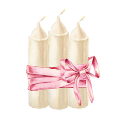 Watercolor white candles with pink bow for illustrations for Christmas, Candlemas, wedding, birthday, Easter, magic, memorial day, spa and relaxation for invitations, cards, social posts, banner