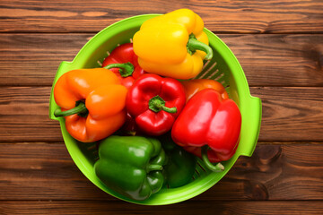 Colander with fresh peppers on wooden background
