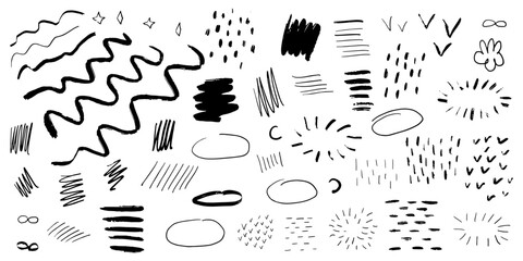 vector strokes and curly lines collection. Hand drawn scribbled banners with noisy texture. Curved smears. Scrawl elements isolated on white background.