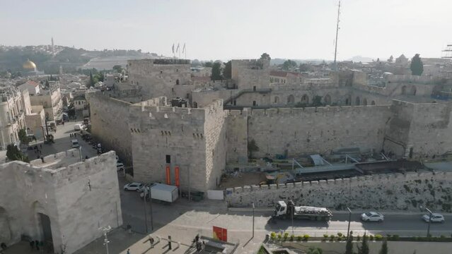 Aerial Footage of the Tower of David Citadel in the Old City of Jerusalem near the Jaffa Gate and the Old City Walls.