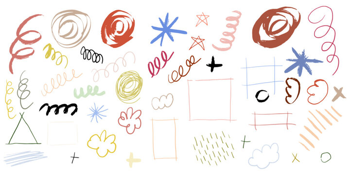 vector strokes and curly lines collection. Hand drawn scribbled banners with noisy texture. Curved smears. Scrawl elements isolated on white background.