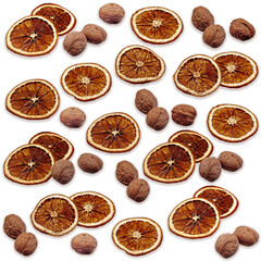 Background of walnuts and dried citrus slices. Backdrop for design