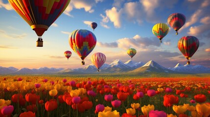 A cluster of colorful hot air balloons floating above a field of blooming poppies.
