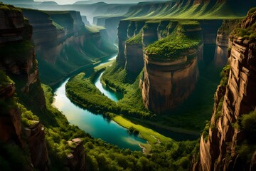 A winding river cutting through a rugged canyon, surrounded by towering cliffs and lush greenery