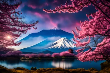 Poster a futuristic interpretation of Mt. Fuji and cherry blossoms, set in a surreal environment with floating islands and vibrant neon colors © usama