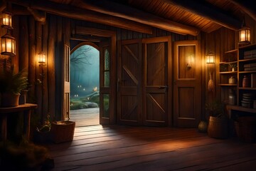 an enchanting scene of the open door of an old rural house leading into a magical forest