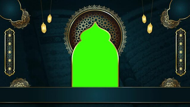 animated luxury blue islamic background , islamic design video template for the Holy Quran , 4K Golden lines green screen Loop Animation