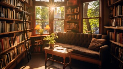 Fototapeta na wymiar A quaint, rustic bookstore with shelves filled with weathered books, sunlight streaming in through vintage windows, creating a cozy reading nook.