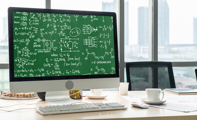 Mathematic equations and modish formula on computer screen showing concept of science and education