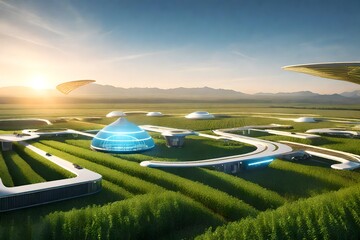 n agricultural gathering in a futuristic setting, with floating platforms showcasing advanced technology and crops, a harmonious blend of tradition and innovation