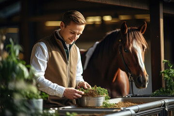 Equestrian sport composition with outdoor images of horse stable