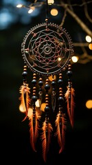 A backlit dream catcher in the foreground of an eclipsed moon, its silhouette a stark contrast to the celestial event.