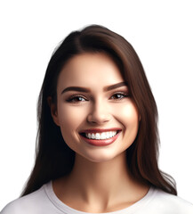 A gracefully long-haired young woman is smiling at the camera, revealing her white and bright teeth. front view, isolated on transparent background. 