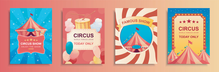 Circus show cover brochure set in flat design. Poster templates with striped tent for acrobat, clown or magician art performances, balloons, cotton candy, carnival tickets. Vector illustration.