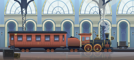 Passenger train at the railway station. Vintage steam locomotive with passenger carriage, platform, luggage trolley, boxes. Interior of the station building, 19th century architecture. Vector cartoon