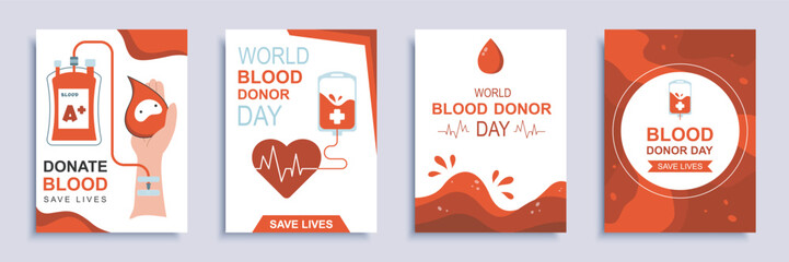 Donate blood and save lives cover brochure set in flat design. Poster templates with drops, dropper and hand, heart with heartbeats, other symbols of donation and blood donor day. Vector illustration.