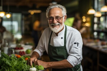 Fototapeta na wymiar senior chef at restaurant in garden
