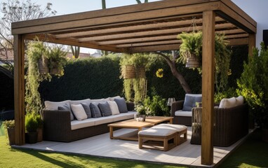 Fototapeta premium Green garden outdoor patio with wooden pergola and comfortable seating