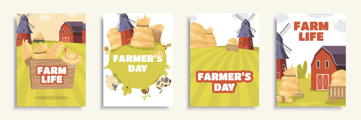 Farm life cover brochure set in flat design. Poster templates with mills, barns for hay, straw haystacks, plantation fields, poultry and livestock farming, gardening business. Vector illustration - obrazy, fototapety, plakaty
