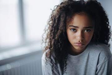 Close up portrait of lonely sad pretty african american teenage girl with curly hair, adolescence problem