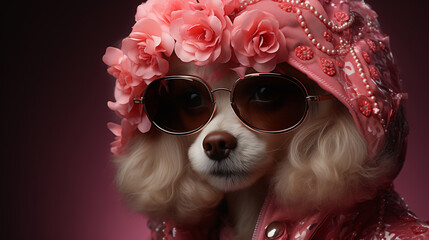 Cute white lapdog with a bow and glasses on a pink background