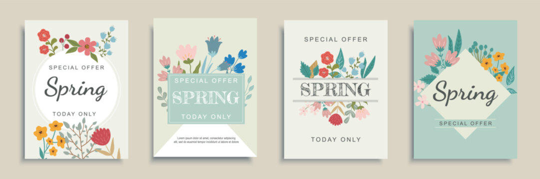 Spring sales cover brochure set in flat design. Poster templates with discount promotions and special offer cards with abstract daisy, tulips, herbs, leaves on twigs and branches. Vector illustration